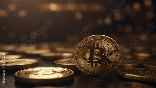 Bitcoin Crypto currency, Gold Bitcoin, BTC, close up. Bitcoin coins on black background. Blockchain technology, bitcoin mining concept. photo