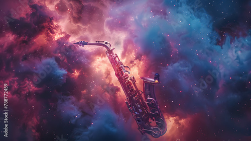 Electric blue saxophone soaring in a purple gas galaxy