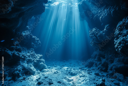 A deep blue ocean with sunlight shining through the water