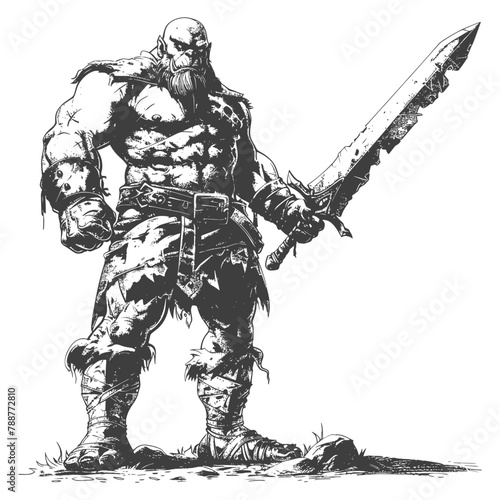 ogre warrior with sword full body images using Old engraving style