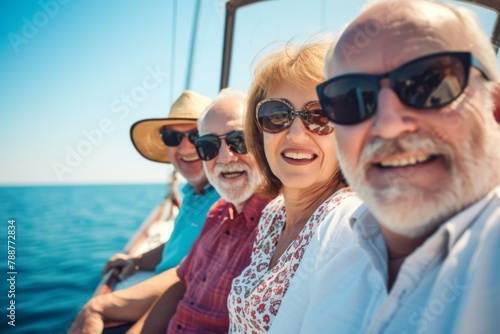 A group of people on a boat smiling and laughing. AI. © Natalia