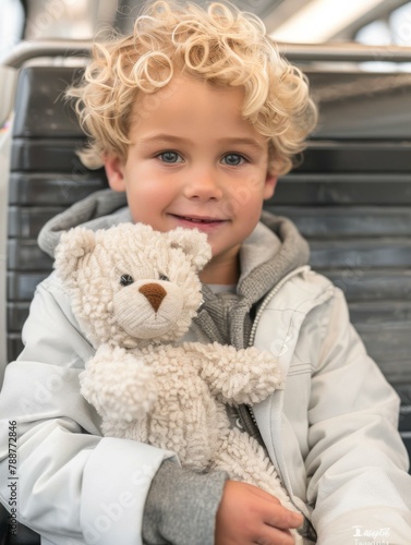 A young boy with curly blonde hair holding a toy bear. AI.