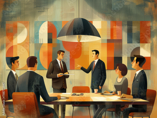 Illustration, business and people in meeting at office with collaboration or teamwork on company growth and strategy. Painting, boardroom and corporate as partners or shareholder and brainstorm photo
