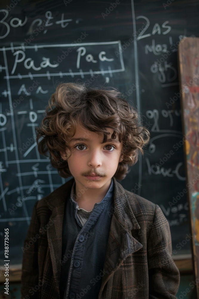 A young boy with a moustache standing in front of chalkboard. AI. A young boy with a moustache standing in front of chalkboard. AI.