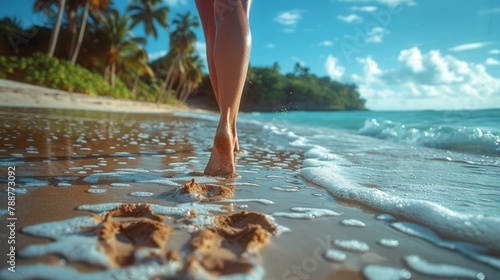 A woman's feet are walking on the beach with sand. AI.