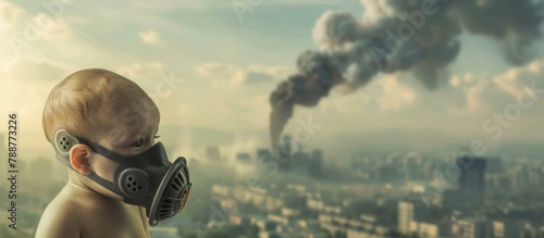 A baby wearing a gas mask with smoke coming out of the city. AI.