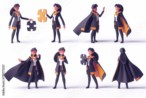  Business woman character set. The girl makes a helpless gesture  sorry  a superhero  holds a puzzle in her hands 3D avatars set vector icon  white background  black colour icon