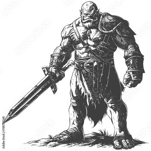 ogre warrior with sword full body images using Old engraving style