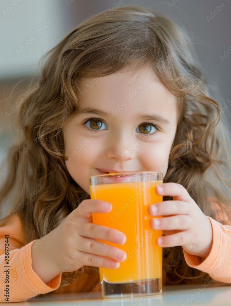 A little girl with orange juice in glass smiling at camera. Generative AI. A little girl with orange juice in glass smiling at camera. Generative AI.
