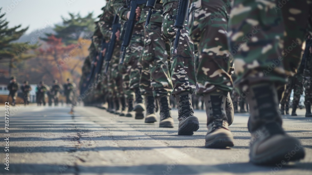 A line of soldiers marching in formation with their weapons. Generative AI. A line of soldiers marching in formation with their weapons. Generative AI.