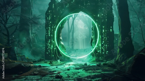 Magic portal door in fantasy forest game world  background. Green neon gate light in futuristic enchanted mirror