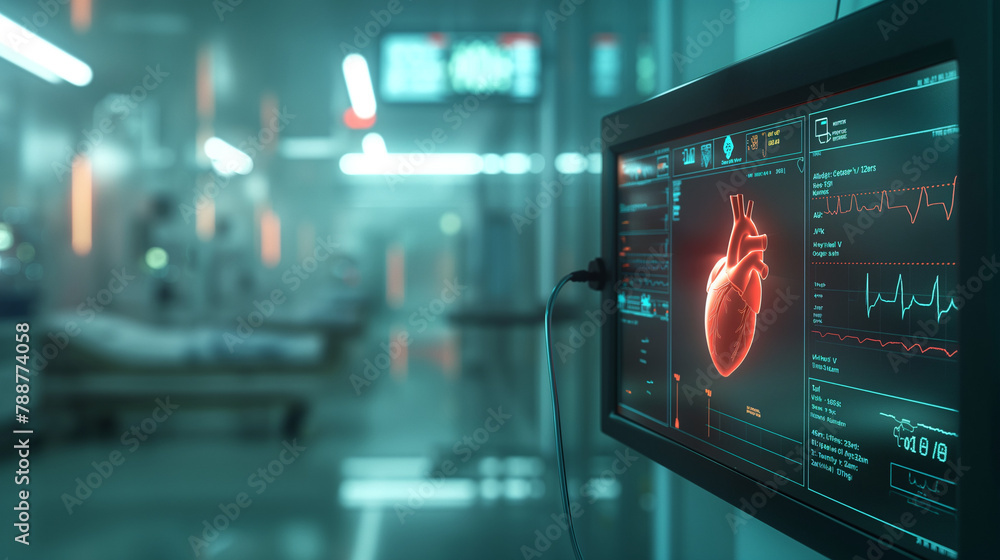 Obraz premium High-tech medical monitors displaying cardiac activity and real-time data in the background, a futuristic hospital setting, a blurred environment of the patient's room