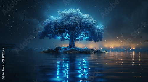 Enigmatic Blue Tree with Glowing Particles © alex