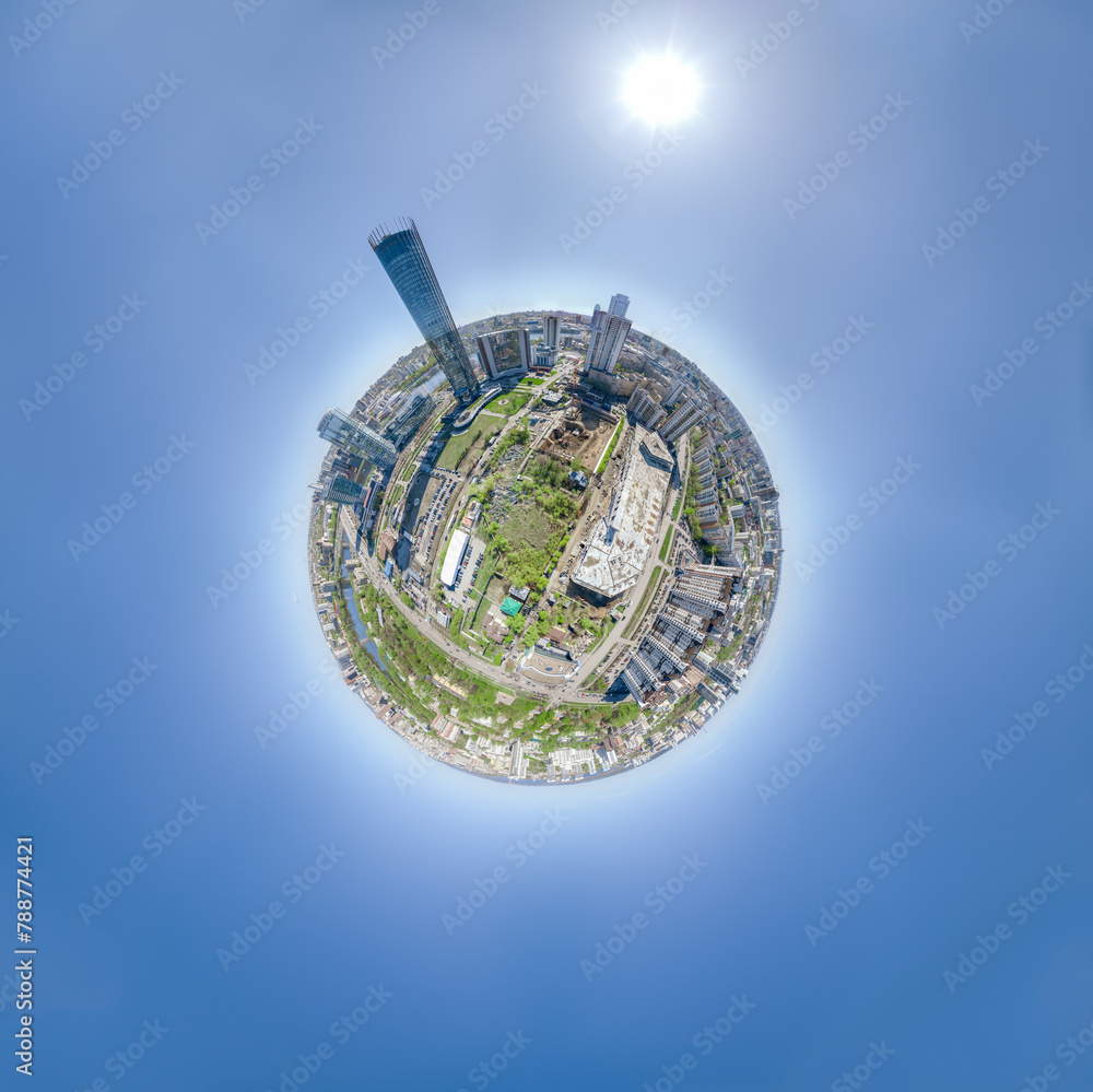Yekaterinburg city with Buildings of Regional Government and Parliament, Dramatic Theatre, Iset Tower, Yeltsin Center, Aerial View. Little planet sphere mode