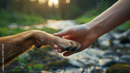 Human Hand and Dog Paw Connection in Nature.