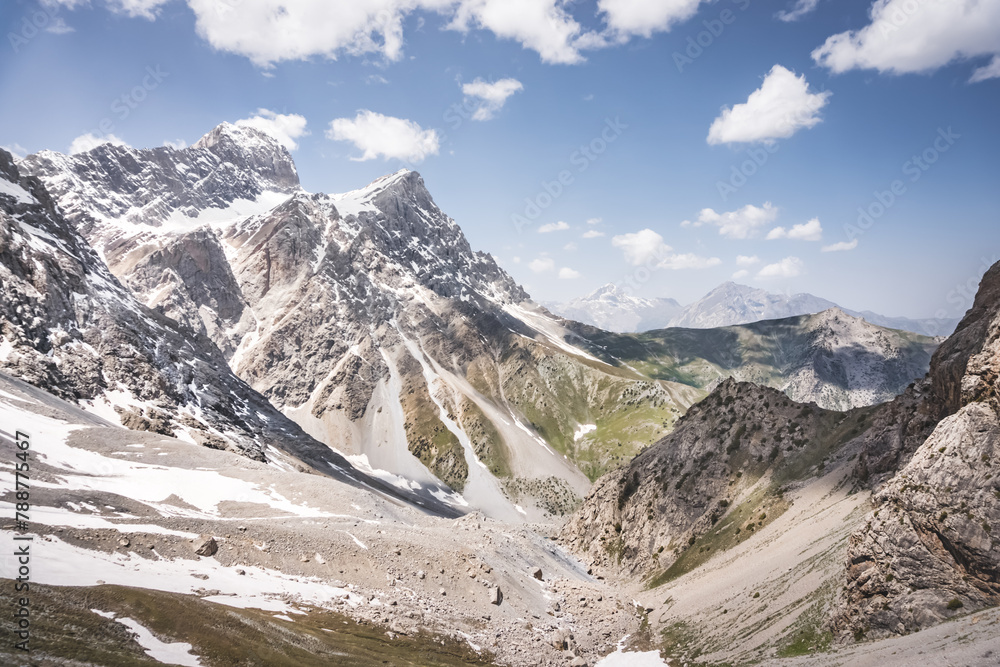 Panoramic landscape in the mountains with rocks and scree, with grass glades, snow and glaciers on a sunny summer day in the Fann Mountains in Tajikistan with mountain ranges Panoramic landscape in the mountains with rocks and scree, with grass glades, snow and glaciers on a sunny summer day in the Fann Mountains in Tajikistan with mountain ranges