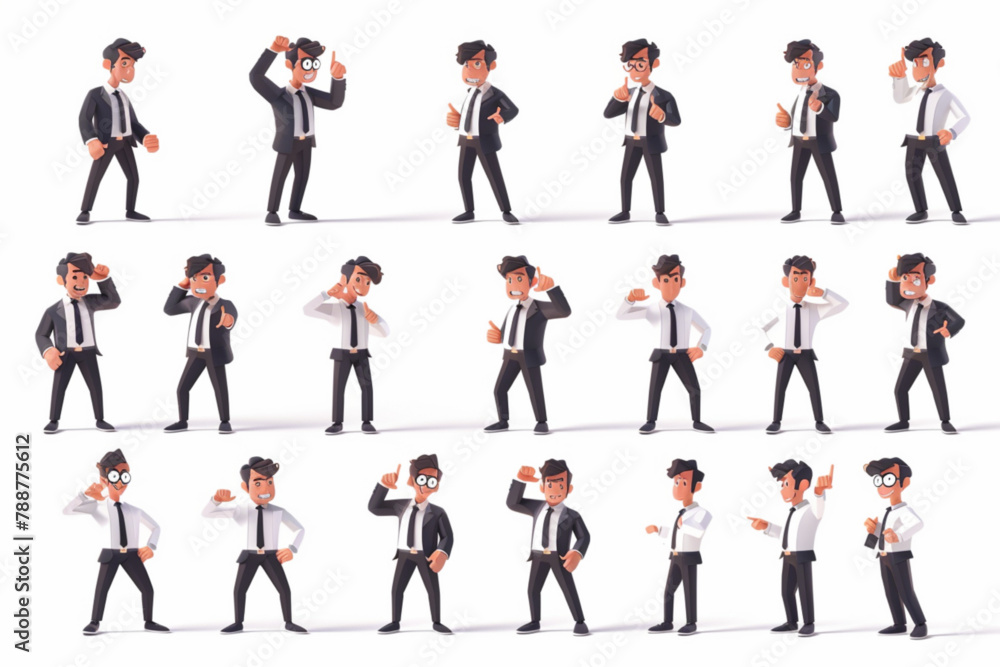 Businessman character set. Guy in different actions. The man is tired, he is in shock, holds money in his hands, says vector icon, white background, black colour icon
