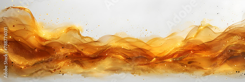 Glittery gold watercolor texture splashes on transparent background.
