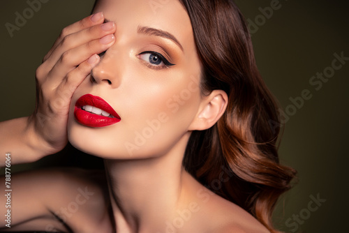 Close up portrait of classy adorable lovely woman enjoy perfect flawless make up professional visage artist