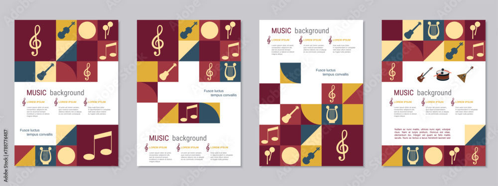 Music theme flyer vector template collection. Design for poster, booklet, brochure cover, card, coupon. A4 format Music theme flyer vector template collection. Design for poster, booklet, brochure cover, card, coupon. A4 format