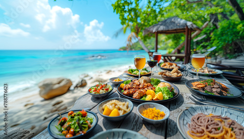 Fototapeta Naklejka Na Ścianę i Meble -  Appetite: Big meat steaks, perfectly roasted with rosemary herbs and pepper on black plate served in beach tropic club restaurant. A healthy meat dish, rich in protein capture