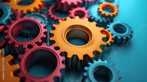 Searching Field with Cursor Colourful Gear on Background,
Pattern of connected gears in metallic colors octa photo