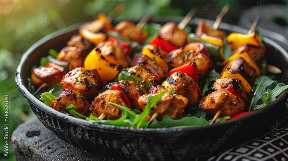 A tight shot of a skewer laden with meat and vegetables A tight shot of a skewer laden with meat and vegetables