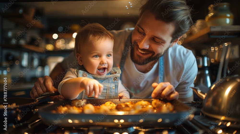Man Holding Baby Next to Pan of Food