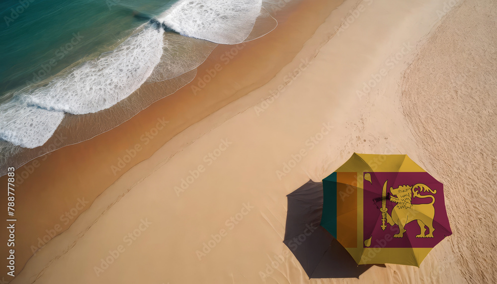 Naklejka premium An aerial vista of a sandy beach with gentle ocean waves, featuring a beach umbrella adorned with the Sri Lanka flag. Ideal for Sri Lanka tourists seeking seaside relaxation