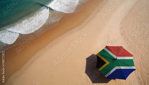 An aerial vista of a sandy beach with gentle ocean waves, featuring a beach umbrella adorned with the South Africa flag. Ideal for South Africa tourists seeking seaside relaxation