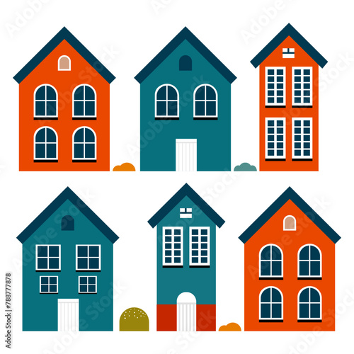 Vector cityscape, city buildings in Scandinavian style. Cosy town panorama with home exteriors. Flat vector illustration isolated on white background