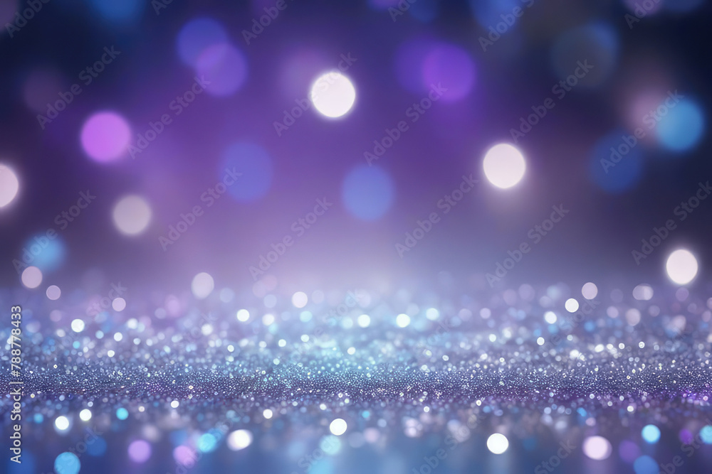Abstract banner, glittering with silver, purple, and blue lights in a blur, creating a bokeh effect in the background, soft focus, sparkle texture, suitable for background or festive decoration