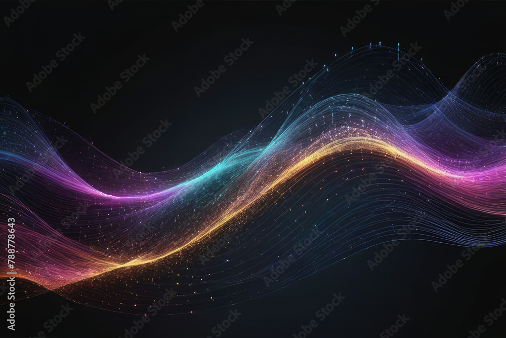 Abstract wave rippling across an inky expanse, network design intertwining with particles symbolizing big data, bright shine piercing through the darkness, 3D rendered, octane rendering, vivid colors Abstract wave rippling across an inky expanse, network design intertwining with particles symbolizing big data, bright shine piercing through the darkness, 3D rendered, octane rendering, vivid colors