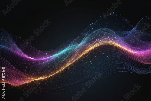 Abstract wave rippling across an inky expanse, network design intertwining with particles symbolizing big data, bright shine piercing through the darkness, 3D rendered, octane rendering, vivid colors