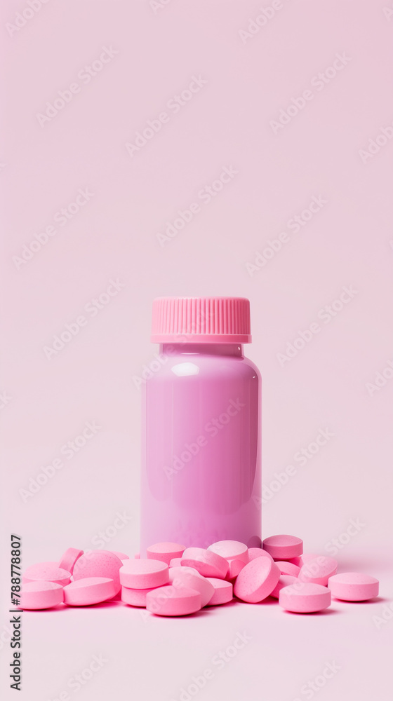 Bottle with pink medicine capsules on pink background, concept of healthy nutrition food supplements. Health care concept Bottle with pink medicine capsules on pink background, concept of healthy nutrition food supplements. Health care concept