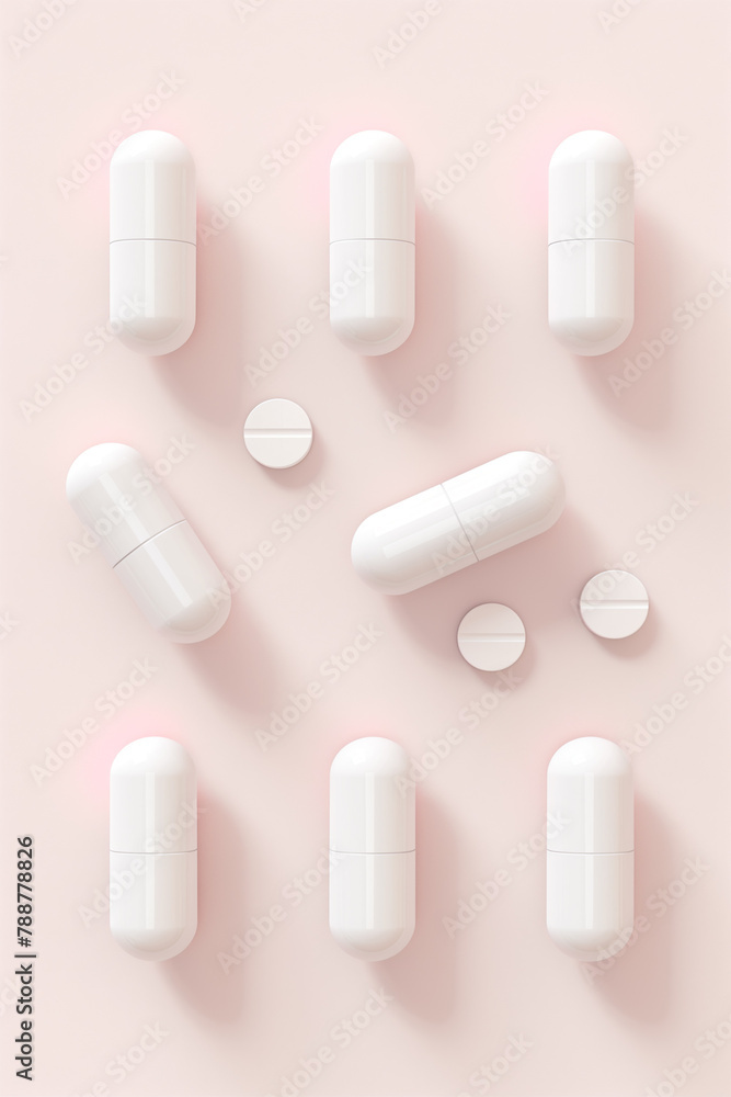 White medicine capsules on white background, concept of healthy nutrition food supplements. Health care concept White medicine capsules on white background, concept of healthy nutrition food supplements. Health care concept