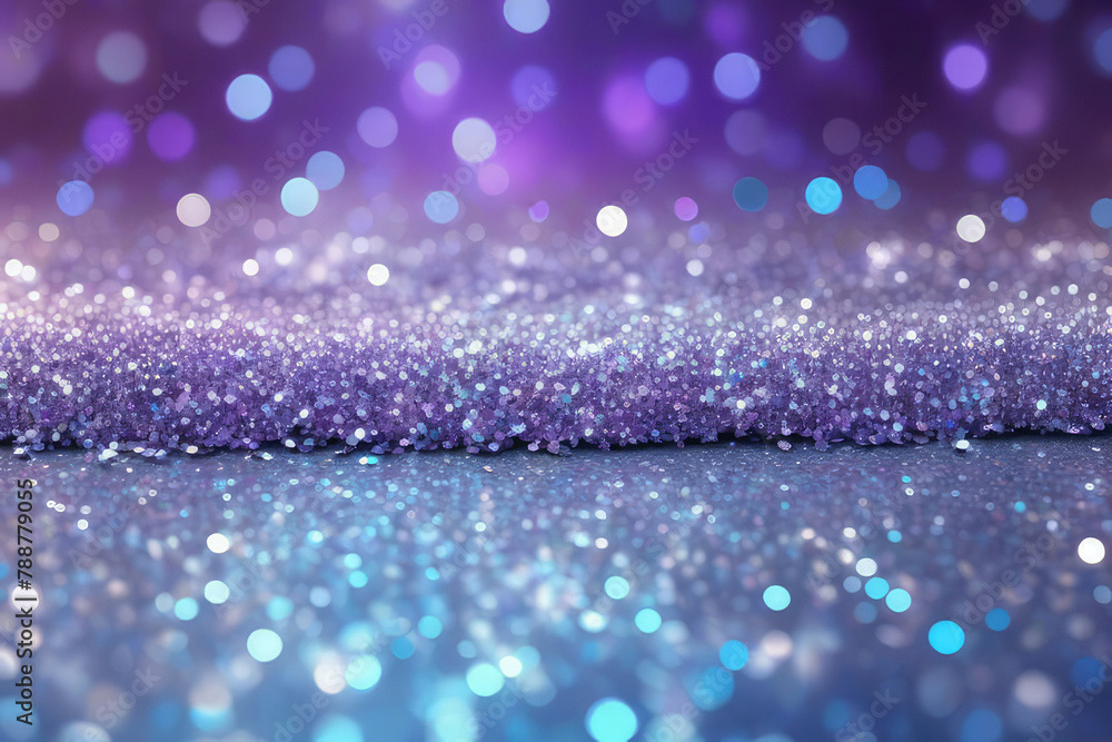 Abstract background, de-focused banner, array of glittering lights in silver, purple, and blue hues, out-of-focus glitter effect for a dreamy ambiance, suitable for sprinkling across a digital render