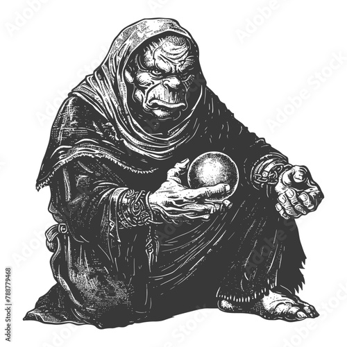 orc mage with magical orb full body images using Old engraving style