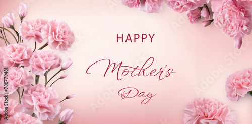  Pink carnation flowers on pastel background with Happy Mother's day greeting.