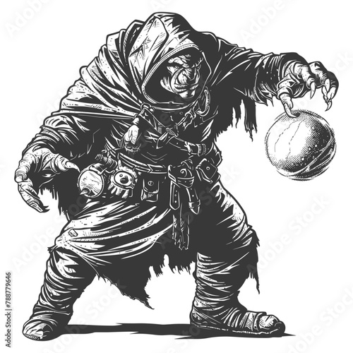 orc mage with magical orb full body images using Old engraving style