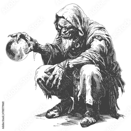 orc mage with magical orb full body images using Old engraving style