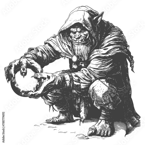 orc mage with magical orb full body images using Old engraving style