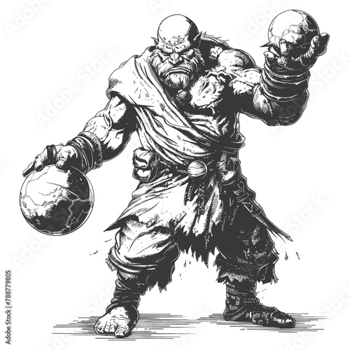 orc mage with magical orb full body images using Old engraving style