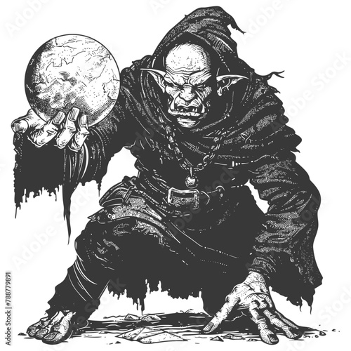 orc mage with magical orb full body images using Old engraving style