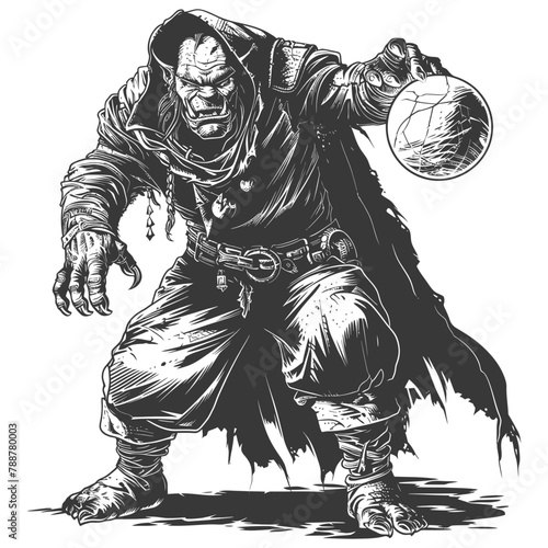 orc mage with magical orb full body images using Old engraving style