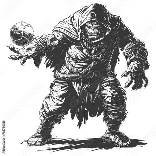 orc mage with magical orb full body images using Old engraving style