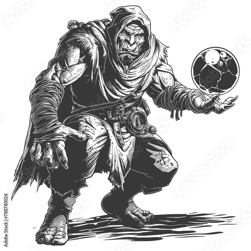 orc mage with magical orb full body images using Old engraving style