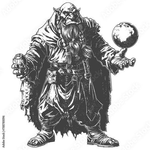orc mage with magical orb full body images using Old engraving style