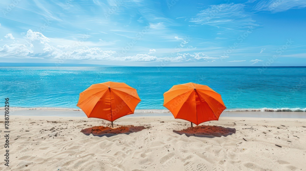 Two vibrant orange umbrellas provide shade on a sandy beach next to the ocean