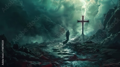 Symbolic representation of Jesus walking a path towards Golgotha, with the cross and crown of thorns forming key elements on the redemptive journey photo